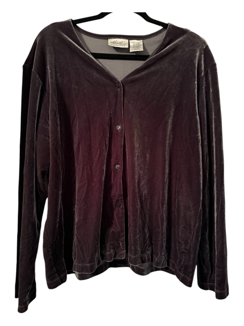 Vintage Katherine Lee Charcoal Gray Velvet Cardigan XL Soft Stretch Button Front